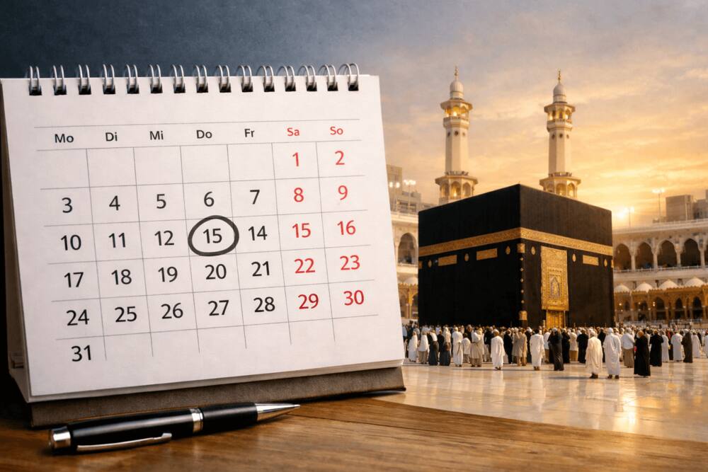 Kalender mit markiertem Reisedatum vor der Kaaba